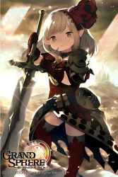 Rule 34 | 1girl, :3, armor, belt, black gloves, boots, brown eyes, brown hair, character request, cloud, commentary request, dress, gloves, grand sphere, hairband, highres, kishibe, light rays, long hair, official art, outdoors, pointy ears, red dress, red thighhighs, sky, smile, solo, sword, thigh boots, thighhighs, weapon