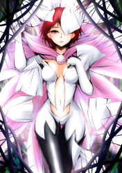 Rule 34 | 1girl, absurdres, bodysuit, boots, breasts, cape, cleavage, cosplay, curvy, digimon, digimon savers, female focus, fujieda yoshino, hand on own chest, highres, large breasts, looking at viewer, midriff, navel, one eye covered, open mouth, petals, pink cape, pink eyes, red hair, rosemon, rosemon (cosplay), rosemon burst mode, rosemon burst mode (cosplay), solo, thigh boots, thorns, tiferet, white bodysuit