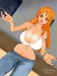 Rule 34 | 1girl, breasts, cleavage, gmotida, huge breasts, large breasts, long hair, nami (one piece), one piece, orange hair, smile