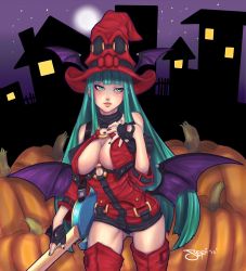 Rule 34 | 1girl, breasts, cosplay, fingerless gloves, gloves, green eyes, green hair, guilty gear, guilty gear xrd, guitar, hat, highres, i-no, i-no (cosplay), instrument, large breasts, long hair, morrigan aensland, thighhighs, underboob, vampire (game), witch hat