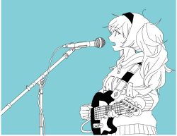 Rule 34 | 1girl, blonde hair, blue eyes, cowboy shot, electric guitar, fender telecaster, gambier bay (kancolle), green background, guitar, hairband, highres, hood, hooded sweater, instrument, kantai collection, lineart, microphone, monochrome, profile, rie (lierra), sweater, twintails
