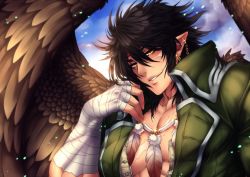 Rule 34 | 1boy, bandages, bara, black hair, crescentia fortuna, feather necklace, feathered wings, fire emblem, fire emblem: radiant dawn, head tilt, large pectorals, looking at viewer, pectoral cleavage, male focus, medium hair, muscular, muscular male, nintendo, pectorals, pointy ears, scar, scar on chest, sidelocks, solo, tibarn (fire emblem), upper body, wings, yellow eyes