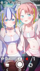 Rule 34 | 2girls, a.f.o, absurdres, alternate costume, alternate hairstyle, arknights, bare shoulders, blue choker, blue hair, blue poison (arknights), blue poison (arknights) (cosplay), blue poison (shoal beat) (arknights), blush, braid, breasts, camera, camisole, candy, choker, cleavage, commentary request, cosplay, crop top, earrings, food, food in mouth, glaucus (arknights), hairband, hand on another&#039;s waist, highres, jacket, jewelry, lollipop, long hair, matching hairstyle, matching outfits, midriff, multicolored hair, multiple girls, navel, off shoulder, official alternate costume, open clothes, open jacket, pantyhose, fake phone screenshot, pink choker, pink hair, selfie, short shorts, shorts, spaghetti strap, sports bra, streaked hair, taking picture, thighhighs, twin braids