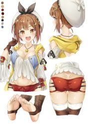 Rule 34 | 1girl, :d, absurdres, ass, atelier (series), atelier ryza, atelier ryza 1, blush, breasts, brown gloves, brown hair, brown thighhighs, butt crack, cleavage, collarbone, feet, from behind, gloves, hair ornament, hairclip, hat, highres, hyouta (yoneya), jewelry, large breasts, looking at viewer, micro shorts, midriff, multiple views, navel, necklace, open mouth, red shorts, reisalin stout, short hair, short shorts, shorts, simple background, single glove, smile, star (symbol), stirrup legwear, thighhighs, thighs, toeless legwear, toes, upper body, white background, white headwear, white thighhighs, yellow eyes