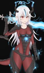 Rule 34 | 1girl, armor, black background, blush, bodysuit, breastplate, breasts, dragon girl, dragon horns, dragon tail, electricity, gauntlets, highres, holding, holding sword, holding weapon, horns, long hair, looking at viewer, makeup, original, pauldrons, red eyes, scales, shoulder armor, simple background, solo, sword, tail, weapon, yissou art