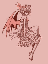 Rule 34 | 1girl, alternate costume, bat wings, elbow gloves, female focus, gloves, hat, lolita fashion, monochrome, pink theme, remilia scarlet, solo, touhou, tsukiya sakumi, wings