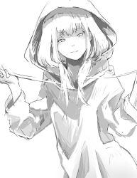 Rule 34 | 1girl, absurdres, blunt bangs, check copyright, copyright request, greyscale, highres, holding, holding string, hood, hood up, hooded jacket, jacket, long hair, long sleeves, looking at viewer, low twintails, monochrome, open mouth, original, ranko no ane, sidelocks, sketch, smile, string, twintails, upper body, wide sleeves