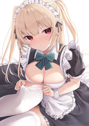 Rule 34 | 1girl, apron, black dress, black ribbon, blonde hair, blush, bow, breasts, cleavage, closed mouth, dress, frilled apron, frills, green bow, hair between eyes, long hair, looking at viewer, maid, maid apron, maid headdress, medium breasts, nekokobushi, original, over-kneehighs, purple eyes, ribbon, solo, sweat, sweatdrop, thighhighs, two side up, white apron, white background, white headdress, white thighhighs, wrist cuffs