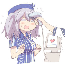 Rule 34 | 10s, 1girl, :3, barcode scanner, beret, blush, clerk, employee uniform, closed eyes, flying sweatdrops, grey hair, hat, heart, kantai collection, kashima (kancolle), lawson, name tag, open mouth, silver bell (artist), solo focus, striped, sweatdrop, two side up, uniform, vertical stripes