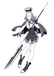 Rule 34 | 1girl, boots, commentary request, full body, glaive (polearm), gloves, greyscale, halo, high-waist skirt, highres, holding, holding weapon, jacket, jacket on shoulders, kani aruki (bucket crawl), kantai collection, long hair, mechanical halo, monochrome, parted bangs, polearm, purple theme, shirt, skirt, sleeveless, sleeveless shirt, smile, solo, standing, tatsuta (kancolle), tatsuta kai ni (kancolle), weapon, white background