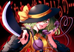 Rule 34 | 0-den, 1girl, absurdres, arms up, black background, black hat, bright pupils, commentary request, drop shadow, green eyes, green hair, hair between eyes, hat, hat over one eye, hat ribbon, head tilt, heart, heart of string, highres, holding, holding knife, holding phone, knife, komeiji koishi, long sleeves, one eye covered, open mouth, outstretched hand, phone, pinky out, ribbon, shirt, short hair, solo, standing, teeth, third eye, touhou, upper body, upper teeth only, wide sleeves, yellow shirt