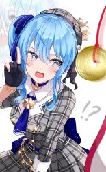 Rule 34 | !?, 1girl, @ @, beret, blue choker, blue eyes, blue hair, blush, choker, coin, coin on string, dress, gloves, grey hat, hair between eyes, hair ribbon, hat, highres, holed coin, hololive, hoshimachi suisei, hoshimachi suisei (1st costume), hypnosis, jacket, jewelry, kudoukudokudo, looking at viewer, medium hair, mind control, official alternate hair length, official alternate hairstyle, open mouth, partially fingerless gloves, pendulum, plaid, plaid dress, plaid headwear, plaid jacket, ribbon, side ponytail, solo, star (symbol), star choker, star in eye, symbol in eye, virtual youtuber