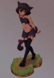 Rule 34 | 1girl, animal ears, arms behind back, black hair, cat ears, cat girl, cat tail, commentary, dark skin, dark-skinned female, covered erect nipples, garter straps, looking at viewer, midriff, mushroom, no shoes, original, red eyes, ribbon, short hair, short shorts, shorts, simple background, solo, sudumenooyado, tail, tail ornament, tail ribbon, tank top, thighhighs