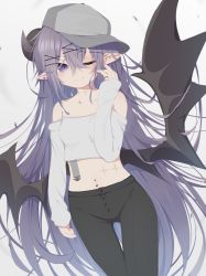 Rule 34 | 1girl, ;), baseball cap, black pants, black wings, blush, breasts, closed mouth, commentary, crop top, curled horns, demon girl, demon horns, demon wings, fingernails, grey background, grey hat, hair between eyes, hair ornament, hairclip, hand up, hat, horns, jewelry, long hair, long sleeves, low wings, midriff, mofuaki, nail polish, navel, navel piercing, one eye closed, original, pants, piercing, pink nails, pointy ears, purple eyes, purple hair, ring, shirt, simple background, sleeves past wrists, small breasts, smile, solo, strapless, strapless shirt, thigh gap, very long hair, white shirt, wings, x hair ornament