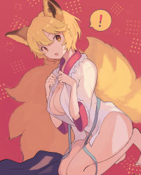 Rule 34 | !, 1girl, :o, animal ears, bad feet, barefoot, blonde hair, breasts, cleavage, covered erect nipples, dress, fox ears, fox tail, highres, large breasts, looking at viewer, multiple tails, no headwear, no headwear, open mouth, pink background, short hair, simple background, solo, spoken exclamation mark, surumeri (baneiro), tail, touhou, undressing, white dress, yakumo ran, yellow eyes