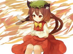 Rule 34 | 1girl, abstract background, animal ear fluff, animal ears, ar (maeus), bow, bowtie, breasts, brown eyes, brown hair, cat ears, cat tail, chen, earrings, feet out of frame, hat, jewelry, knees together feet apart, mob cap, multiple tails, nekomata, petite, simple background, single earring, sitting, small breasts, solo, tail, touhou, two tails, yellow bow, yellow bowtie