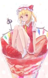 Rule 34 | 1girl, arm at side, ascot, blonde hair, closed mouth, collared shirt, dress, dress shirt, eyebrows, eyelashes, flandre scarlet, food, frilled shirt collar, frilled skirt, frilled sleeves, frills, fruit, glass, hair ribbon, hat, hat ribbon, highres, hyakunin momoko, ice cream, knees up, laevatein, looking at viewer, mob cap, puffy short sleeves, puffy sleeves, red dress, red eyes, ribbon, shirt, short hair, short sleeves, side ponytail, sitting, skirt, skirt set, smile, solo, strawberry, touhou, vest, white shirt, wing collar, wings
