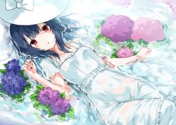 Rule 34 | 1girl, blue hair, blush, covered navel, dress, flower, flower request, hat, highres, hydrangea, idolmaster, idolmaster shiny colors, looking at viewer, lying, minikon, morino rinze, on back, parted lips, partially submerged, red eyes, see-through, shallow water, short hair, short sleeves, solo, sun hat, unworn hat, unworn headwear, water, wet, wet clothes, white dress, white hat