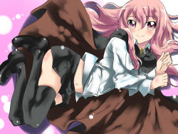 1girl cape female_focus louise_francoise_le_blanc_de_la_valliere mas_(5734ghji) navel pentacle pink_background pink_eyes pink_hair skirt solo thighhighs zero_no_tsukaima zettai_ryouiki