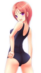 Rule 34 | 1girl, ass, cowboy shot, from behind, hand on own hip, ki (kk-sk-ray), looking at viewer, looking back, old school swimsuit, one-piece swimsuit, open mouth, original, purple eyes, red hair, school swimsuit, short hair, simple background, solo, standing, swimsuit, white background