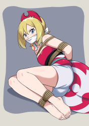 Rule 34 | 1girl, absurdres, anklet, arms behind back, barefoot, bdsm, blonde hair, blue eyes, bondage, bound, bound ankles, bound arms, bound wrists, breasts, cleavage, cloth gag, collar, collarbone, creatures (company), feet, gag, gagged, game freak, hair between eyes, hair ornament, highres, improvised gag, irida (pokemon), jewelry, legs, looking at viewer, lost one zero, nintendo, over the mouth gag, pokemon, pokemon legends: arceus, rope, toenails, toes
