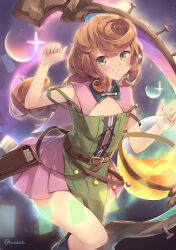 1girl absurdres brown_hair dress duel_monster green_dress green_eyes highres kanzakietc liquid looking_at_viewer medium_hair smile solo thighs two-tone_dress witchcrafter_pittore yu-gi-oh!