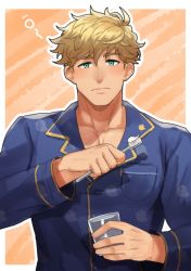 Rule 34 | 1boy, blonde hair, blue pajamas, blue shirt, closed mouth, cup, granblue fantasy, green eyes, holding, holding cup, holding toothbrush, looking at viewer, male focus, narinari nattou, official alternate costume, pajamas, shirt, short hair, solo, toothbrush, vane (granblue fantasy)
