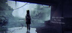 Rule 34 | 1girl, building, chromatic aberration, commentary, english text, from behind, lemtun, long hair, original, puddle, reflection, reflective water, ruins, scenery, solo, standing