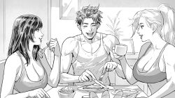 Rule 34 | 1girl, 2boys, bare arms, bread, breasts, cirenk, cleavage, closed eyes, commission, cup, eating, felicia hardy, food, fork, fried egg, greyscale, happy, highres, holding, holding cup, holding fork, indoors, kitchen, large breasts, lips, long hair, looking at another, marvel, mary jane watson, monochrome, multiple boys, open mouth, peter parker, ponytail, shirt, sitting, sleeveless, sleeveless shirt, smile, spider-man (series), table, tank top, upper body