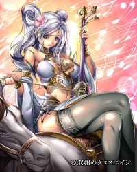 Rule 34 | 1girl, breasts, crossed legs, detached sleeves, flower, grey thighhighs, hair flower, hair ornament, horse, instrument, jewelry, lace, lace-trimmed legwear, lace trim, large breasts, legs, long hair, long legs, looking at viewer, lots of jewelry, musical note, purple eyes, saburou (hgmg), silver hair, sitting, solo, souken no cross age, thighhighs, thighs, twintails