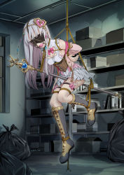 Rule 34 | 1girl, absurdres, arms behind back, artist name, atelier (series), atelier lulua, ball gag, bdsm, between legs, black footwear, blindfold, blue gemstone, bondage, book, boots, bound, bound arms, bound legs, bow, bowtie, box, breasts, cardboard box, cleavage, commission, corset, crying, drooling, elmerulia fryxell, eudetenis, female focus, full body, gag, gagged, gem, hair ornament, hanging, harness gag, heart, heart hair ornament, highres, indoors, jacket, knee boots, knees together feet apart, leaning forward, long hair, magical girl, miniskirt, off shoulder, open mouth, pink bow, pink bowtie, pink jacket, pink shirt, pleated skirt, pussy juice, red gemstone, remote control vibrator, rope, saliva, second-party source, sex toy, shelf, shirt, sidelocks, signature, skirt, small breasts, solo, staff, tears, thigh strap, trash bag, vibrator, vibrator cord, vibrator under clothes, white hair, white skirt
