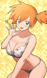 Rule 34 | 1girl, asymmetrical hair, bare shoulders, blush, bra, breasts, cleavage, creatures (company), didd ley, game freak, gen 1 pokemon, green eyes, hair tie, heart, heart-shaped pupils, highres, large breasts, lingerie, looking at viewer, misty (pokemon), navel, nintendo, open mouth, orange hair, panties, pokemon, pokemon rgby, ponytail, psyduck, shiny skin, short hair, side ponytail, simple background, symbol-shaped pupils, thighs, underwear