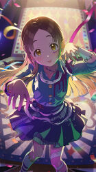 1girl :p absurdres bandages blue_shirt blue_skirt blunt_bangs bodypaint brown_hair collared_shirt commentary confetti facepaint feet_out_of_frame gakuen_idolmaster game_cg highres idolmaster kuramoto_china light_rays long_hair looking_at_viewer masquerade_rhapsody_(idolmaster) official_art outstretched_arms paint_splatter parted_bangs pleated_skirt shirt skirt socks solo striped_clothes striped_skirt third-party_source tongue tongue_out torn_clothes torn_skirt yellow_eyes zombie_pose