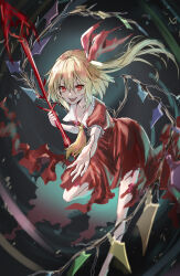 Rule 34 | 1girl, :d, ascot, collarbone, commentary request, crystal, fangs, flandre scarlet, full body, highres, holding, holding weapon, looking at viewer, medium hair, natsume k, one side up, open mouth, red eyes, smile, solo, spear the gungnir, touhou, weapon, wings, yellow ascot
