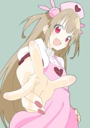 Rule 34 | 1girl, absurdres, apron, bad id, bad twitter id, bandages, blush, buttons, collared shirt, donguri suzume, fang, foreshortening, from below, hair ornament, hand on own hip, hat, heart, highres, light brown hair, long hair, looking at viewer, nail polish, natori sana, nurse cap, open mouth, pink apron, pink hat, puffy short sleeves, puffy sleeves, rabbit hair ornament, red eyes, red nails, sana channel, shirt, short sleeves, smile, solo, two side up, very long hair, virtual youtuber, w