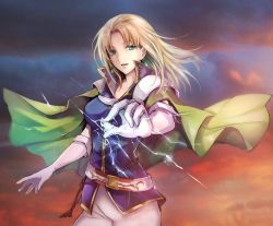 Rule 34 | 1girl, belt, blonde hair, blue sky, breasts, cape, cloud, cloudy sky, commentary, cowboy shot, dress, earrings, elbow gloves, electricity, fire emblem, fire emblem: the sacred stones, gloves, green cape, green eyes, highres, jewelry, looking at viewer, magic, medium breasts, medium hair, mintes, nintendo, orange sky, outdoors, parted bangs, parted lips, purple vest, selena (fire emblem: the sacred stones), sky, solo, vest, white dress, white gloves, wind