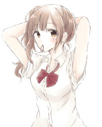 Rule 34 | 1girl, adjusting hair, armpits, arms up, baran. (ba ra ran), blush, bow, bowtie, brown hair, highres, idolmaster, idolmaster cinderella girls, igarashi kyoko, looking at viewer, mouth hold, open collar, rubber band, school uniform, short sleeves, side ponytail, simple background, sketch, solo, upper body, white background
