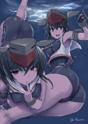 Rule 34 | 2girls, armpits, ass, bare shoulders, black gloves, black hair, blue one-piece swimsuit, bracelet, breasts, brown eyes, closed mouth, ebizome, finger to mouth, fingerless gloves, gloves, hair between eyes, hat, i-13 (kancolle), i-14 (kancolle), jewelry, kantai collection, looking at viewer, medium breasts, multiple girls, new school swimsuit, official style, one-hour drawing challenge, one-piece swimsuit, open mouth, sailor collar, school swimsuit, short hair, single glove, swimsuit, twitter username, underwater, wristband