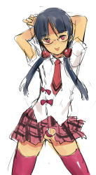 Rule 34 | 1boy, androgynous, arms up, blush, coin rand, crossdressing, glasses, long hair, male focus, no pupils, original, penis, pink eyes, pleated skirt, school uniform, sketch, skirt, solo, thighhighs, tongue, trap, white background, zettai ryouiki