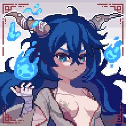 Rule 34 | 1girl, bandaged arm, bandages, blue eyes, blue fire, blue hair, breast tattoo, breasts, commentary, commission, english commentary, fire, frown, hair between eyes, horns, medium breasts, mimpish, original, pixel art, plunging neckline, solo, tattoo, v-shaped eyebrows