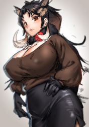 Rule 34 | 1girl, alternate breast size, animal ears, arm at side, black hair, breasts, brown hair, cleavage, closed mouth, covered erect nipples, cowboy shot, expressionless, extra ears, fur collar, giant forest hog (kemono friends), gloves, hand on own hip, highres, hihiyama yokikana, huge breasts, kemono friends, long hair, long sleeves, looking at viewer, multicolored hair, pencil skirt, pig ears, red eyes, shirt, sidelocks, sketch, skirt, solo, tail, very long hair, white hair