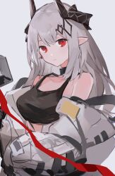 Rule 34 | 1girl, absurdres, arknights, black collar, black horns, black sports bra, breasts, collar, commentary request, demon horns, grey background, grey hair, hammer, highres, holding, holding hammer, horns, jumpsuit, long hair, looking at viewer, medium breasts, mudrock (arknights), mudrock (elite ii) (arknights), open jumpsuit, pointy ears, red eyes, simple background, sledgehammer, solo, sports bra, tarouoga, upper body, white jumpsuit