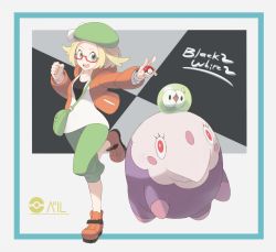 Rule 34 | 1girl, :d, bag, bianca (pokemon), blonde hair, bow, brown footwear, clenched hand, copyright name, creatures (company), game freak, gen 5 pokemon, glasses, green eyes, green hat, green pants, handbag, hat, hat bow, highres, holding, holding poke ball, jacket, looking at viewer, md5 mismatch, musharna, nintendo, nomura (buroriidesu), open mouth, orange jacket, pants, pink-framed eyewear, pink eyes, poke ball, poke ball (basic), poke ball symbol, pokemon, pokemon (creature), pokemon bw2, resolution mismatch, short hair, simple background, smile, solosis, source smaller, standing, standing on one leg