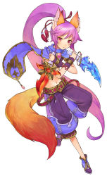 Rule 34 | 1girl, :o, absurdres, animal ears, armlet, artist request, assassin (harezora monogatari), belt, boots, bracelet, cape, crop top, crossed arms, dagger, detached sleeves, dual wielding, fighting stance, flat chest, fox ears, fox tail, full body, gradient hair, hair ribbon, harezora monogatari, high heels, high ponytail, highres, holding, jewelry, kato ayaka, knife, leg lift, long hair, looking at viewer, midriff, multicolored hair, navel, necklace, official art, open mouth, pendant, pink eyes, pink hair, ponytail, purple hair, ribbon, shoes, sidelocks, simple background, solo, standing, tail, traditional media, very long hair, weapon, white background