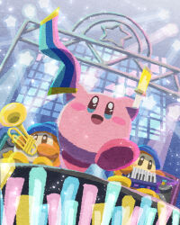 Rule 34 | blue headwear, blush stickers, colored skin, concert, from below, glowstick, highres, holding glowstick, instrument, keyboard (instrument), kirby, kirby (series), kirby 30th anniversary music festival, miclot, nintendo, no humans, open mouth, pink skin, smile, solid oval eyes, stage, stage lights, star (symbol), trumpet, waddle dee