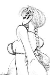 Rule 34 | 1girl, artist name, bikini, braid, breasts, from behind, glasses, greyscale, hoshina tomoko, long hair, looking back, medium breasts, mike156, monochrome, sketch, solo, swimsuit, to heart, to heart (series), upper body, white background