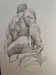 Rule 34 | 1boy, absurdres, ass, ass focus, bara, briefs, clothes pull, facing away, from below, graphite (medium), greyscale, highres, lionglede, male focus, male underwear, monochrome, muscular, muscular male, original, pants, pants pull, perspective, photo (medium), short hair, solo, traditional media, underwear