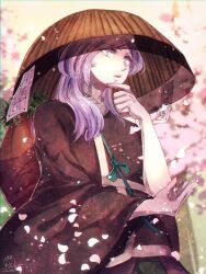 Rule 34 | 1other, ajirogasa, androgynous, bad id, bad pixiv id, brown kimono, cherry blossoms, commentary, falling petals, hand on own elbow, hat, highres, holding own hair, japanese clothes, kimono, len&#039;en, long hair, long sleeves, looking at viewer, ofuda, ofuda on clothes, outdoors, petals, plant, potted plant, purple eyes, purple hair, sash, shirami souko, signature, strap, tree, upper body, vase, veil, white sash, wide sleeves, yukkyon kyon