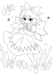Rule 34 | 1girl, ameyu (rapon), blush, bow, cirno, closed mouth, dress, fairy, frilled sleeves, frills, full body, greyscale, hair bow, highres, ice, ice wings, lineart, monochrome, puffy short sleeves, puffy sleeves, shoes, short hair, short sleeves, simple background, sketch, smile, snowflakes, solo, touhou, white background, wings