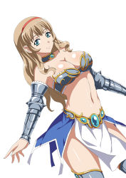 Rule 34 | 00s, 1girl, aqua eyes, armor, bikini armor, breasts, cleavage, ikkitousen, large breasts, light brown hair, long hair, looking at viewer, navel, simple background, smile, solo, sonken chuubou, white background